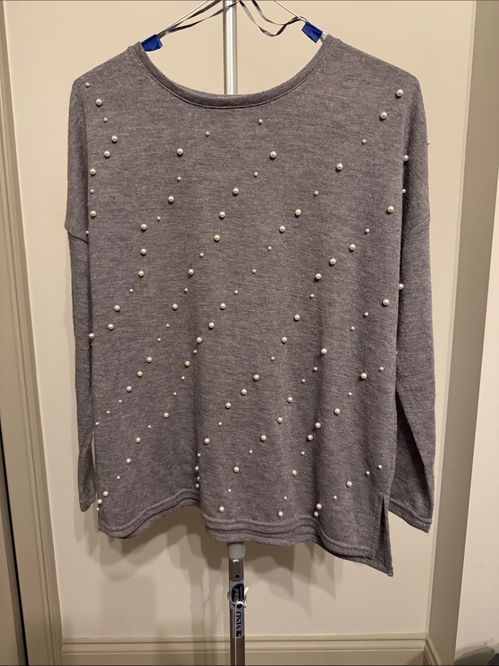Zara Pearl-Embellished Gray Women's Sweater